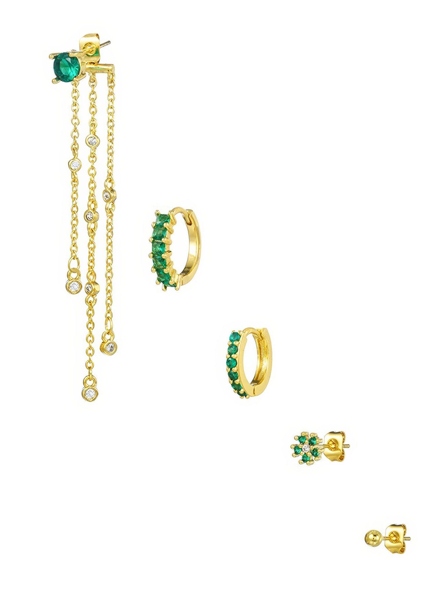 green zirconia crystals gold plated mini earrings set 