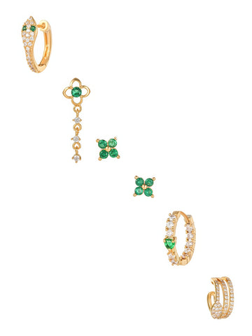 green crystals mismatched mini earrings set in gold plated stainless steel