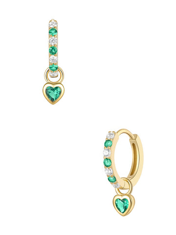 green heart charm pendant hoop earrings in gold plated sterling silver