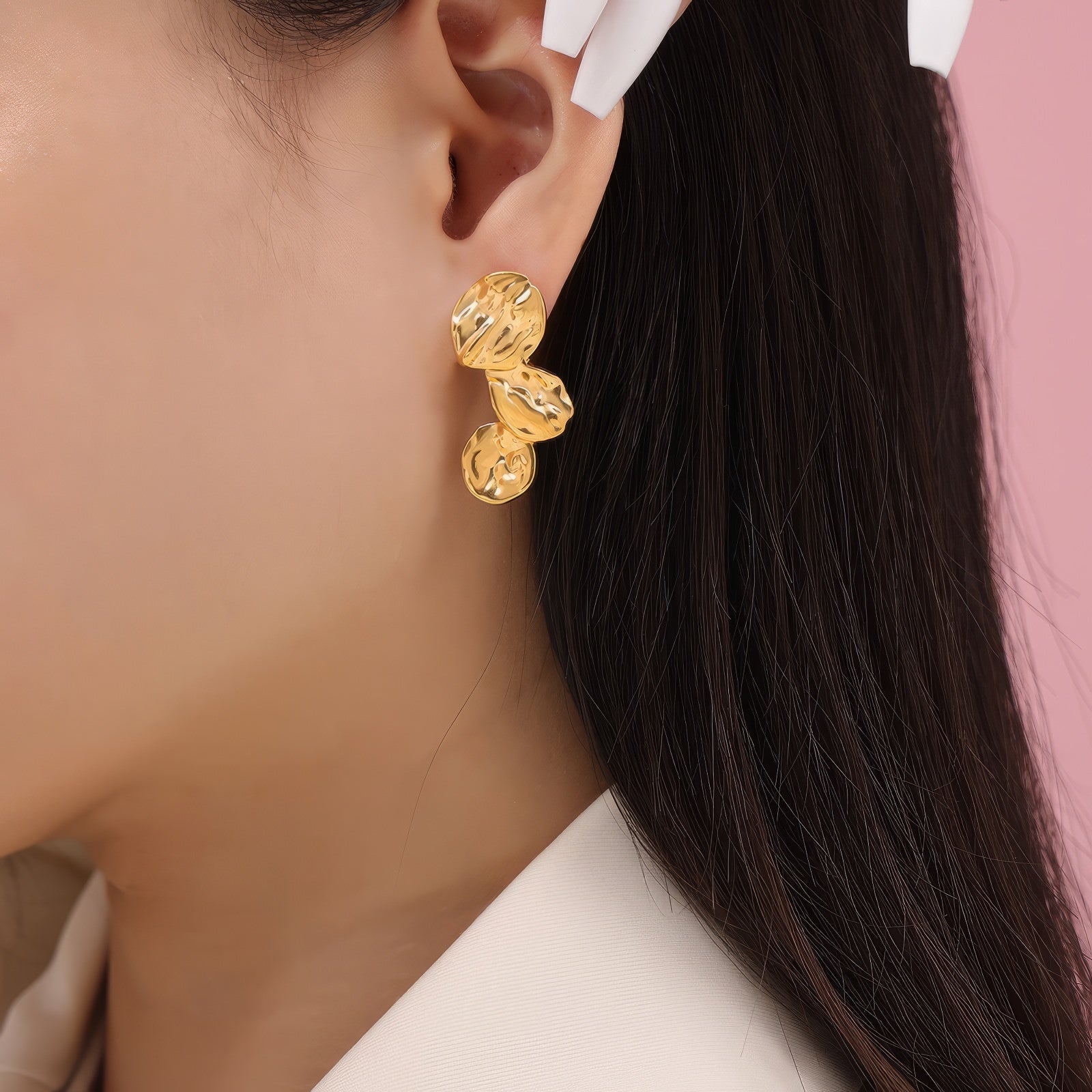 hammered texture irregular peeble shaped gold plated statement earrings