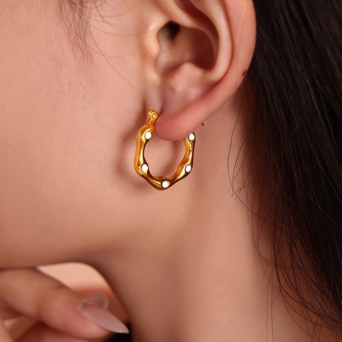 Rounded Hexagon Hoop Earrings With Resin Dots