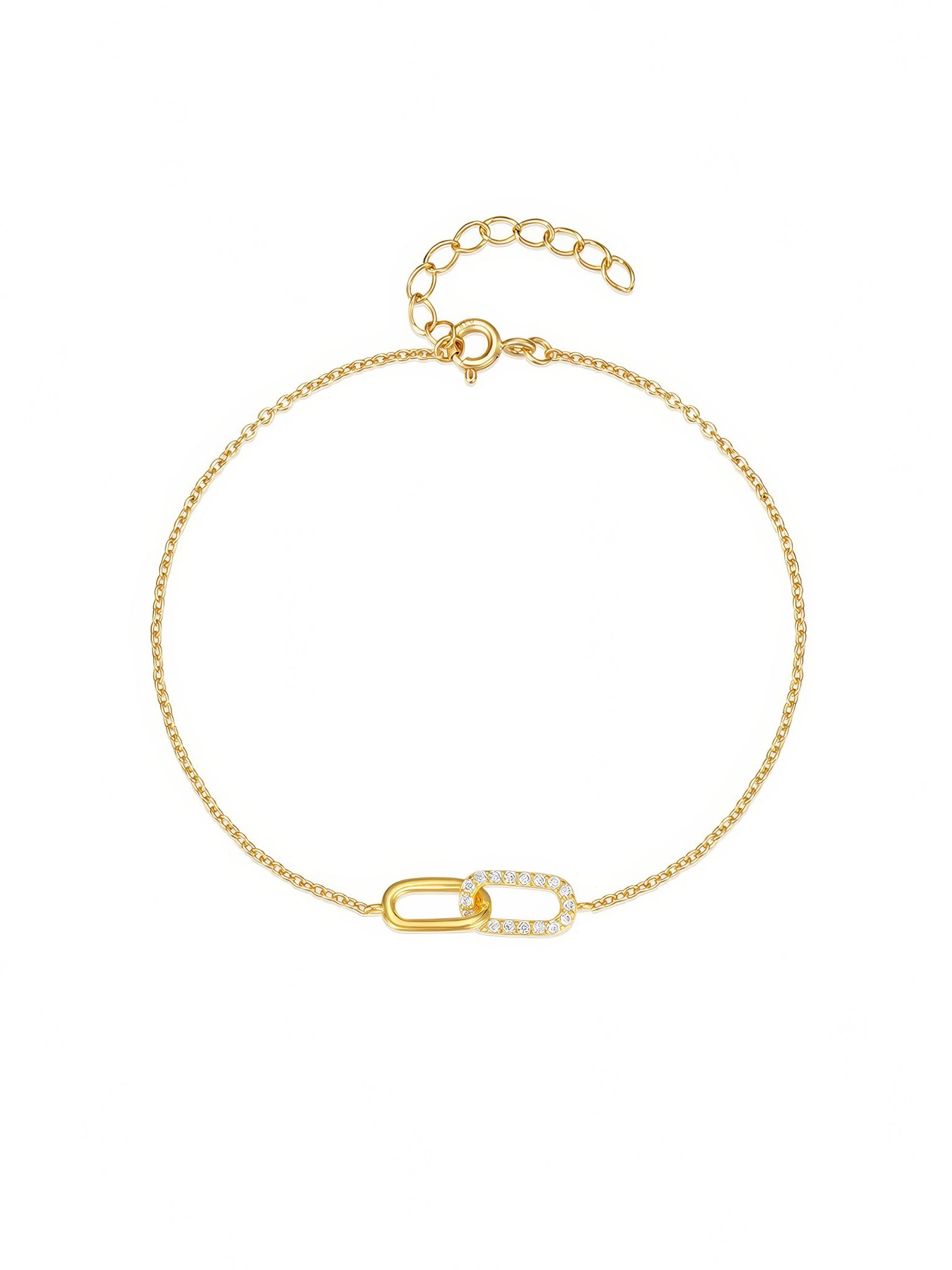 Interlocking zirconia link bracelet in 925 sterling silver with two oval charms—one pavé zirconia—adjustable chain, available in gold & silver plating