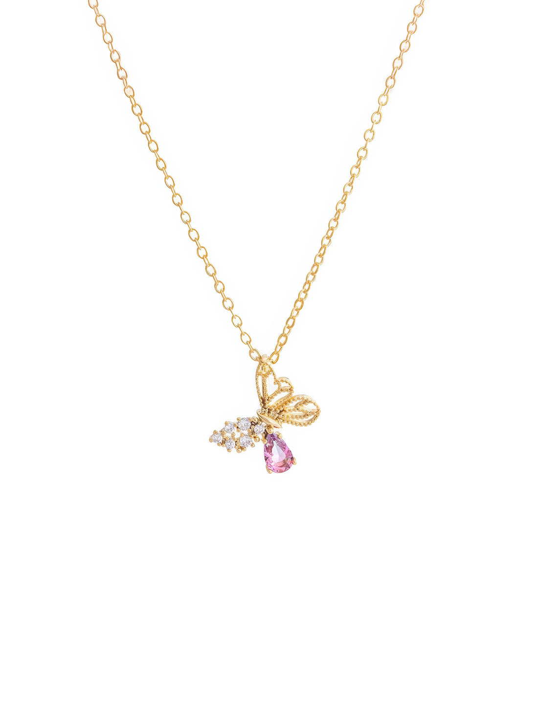 butterfly shaped pendant necklace pink and clear cubic zirconia crystal inclusions in gold plated cooper