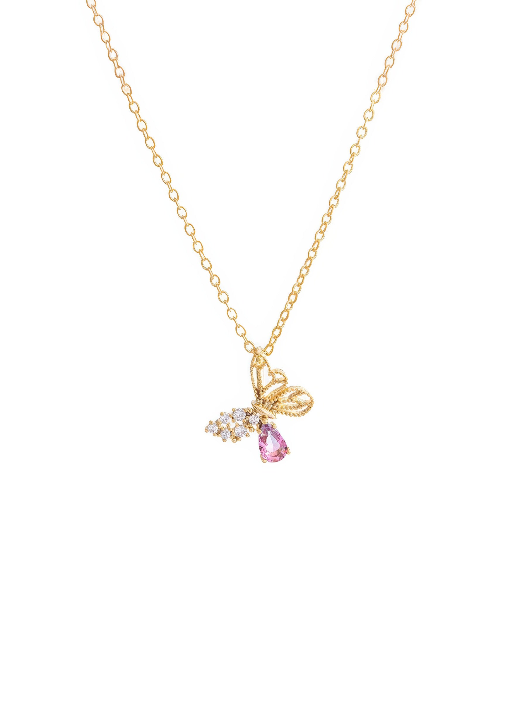 butterfly shaped pendant necklace pink and clear cubic zirconia crystal inclusions in gold plated cooper