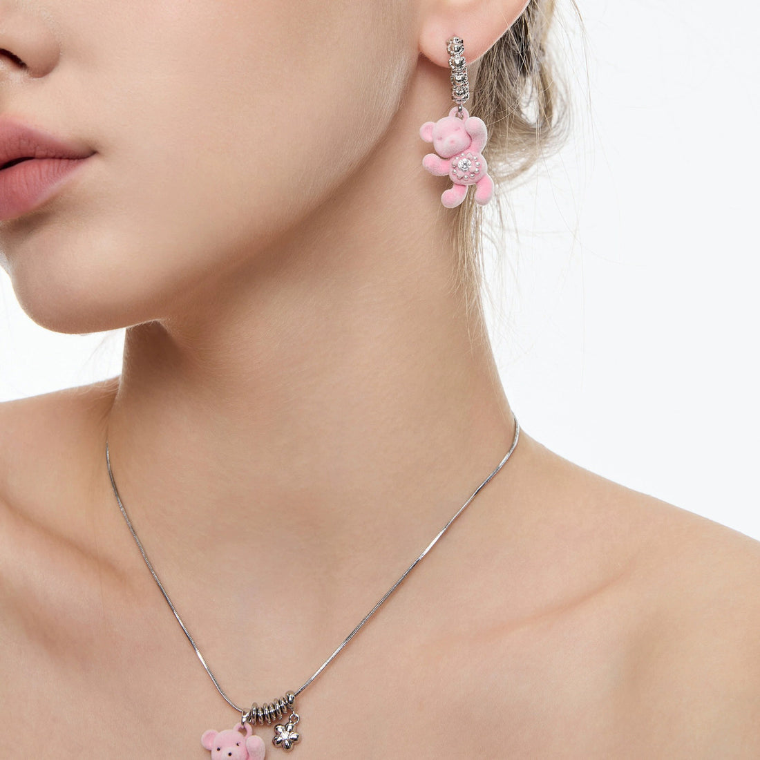 plush pink gummy bear drop charm earrings 