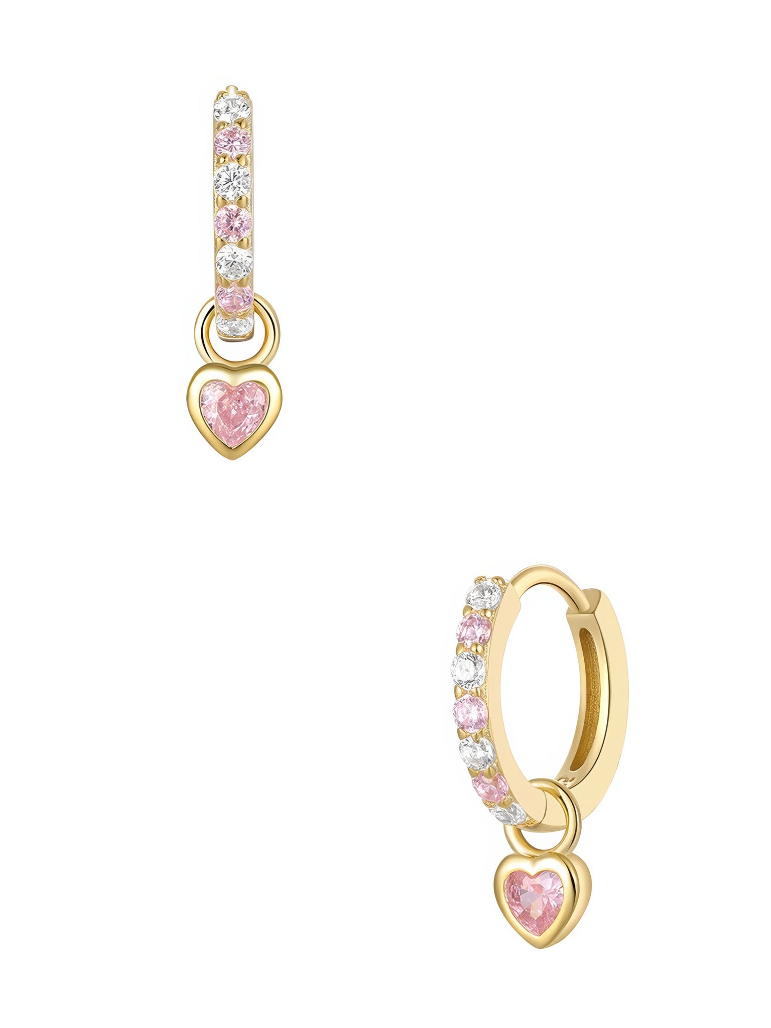 pink heart crystal pendant charm with gold plated hoop earring made with sterling silver and adorned with pink and clear small zirconia crystals