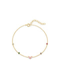 Gold-plated bracelet with pink heart-shaped zircon and multicolor zircon stones on a sterling silver chain.