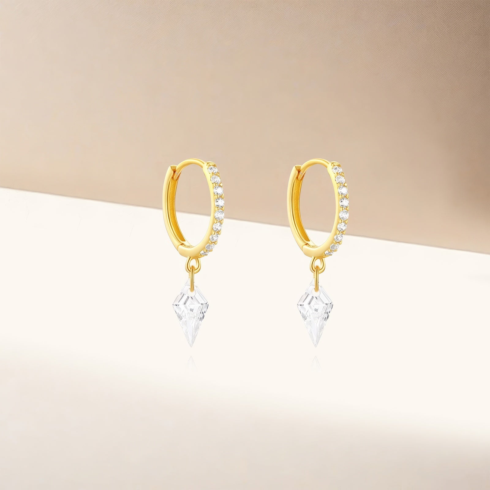 briolette-cut crystal drop hoop 925 sterling silver earrings with 5A cubic zirconia accents in 18k gold plating