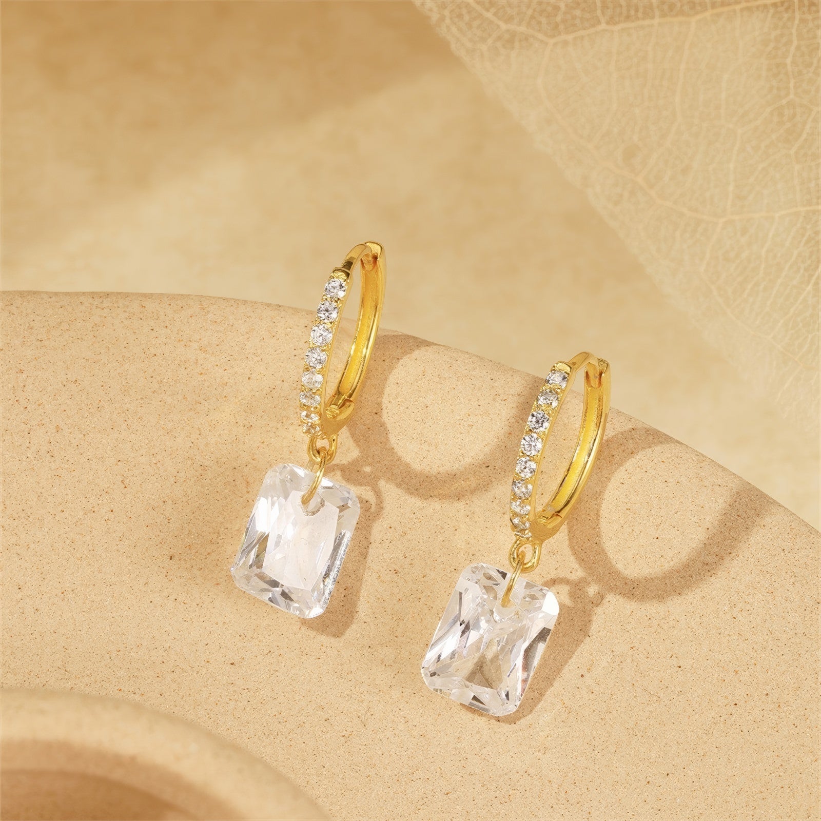 emerald-cut crystal drop hoop 925 sterling silver earrings with 5A cubic zirconia accents in 18k gold plating