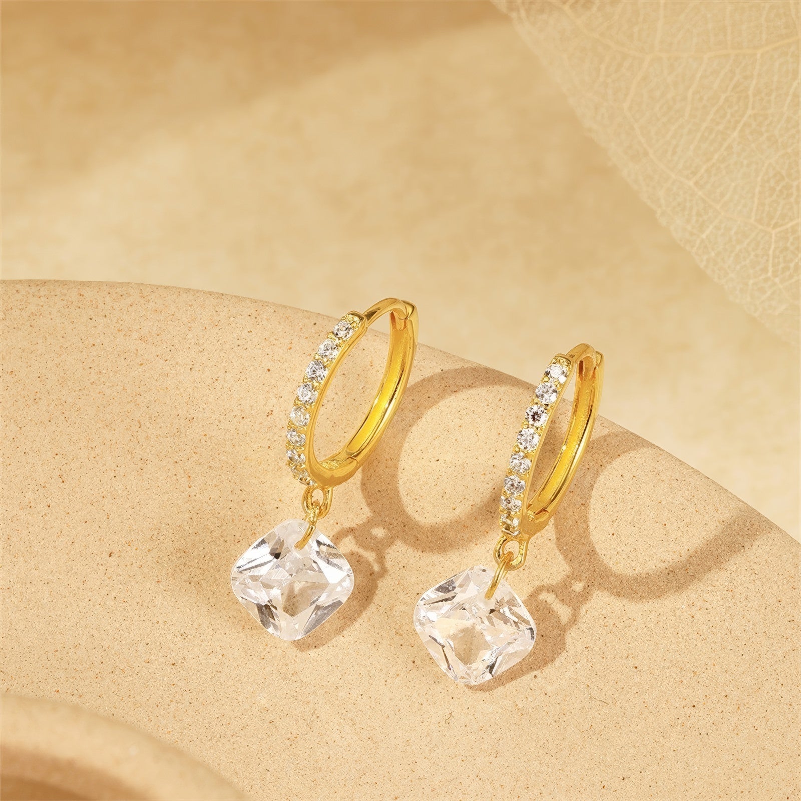 square cushion-cut crystal drop hoop 925 sterling silver earrings with 5A cubic zirconia accents in 18k gold plating