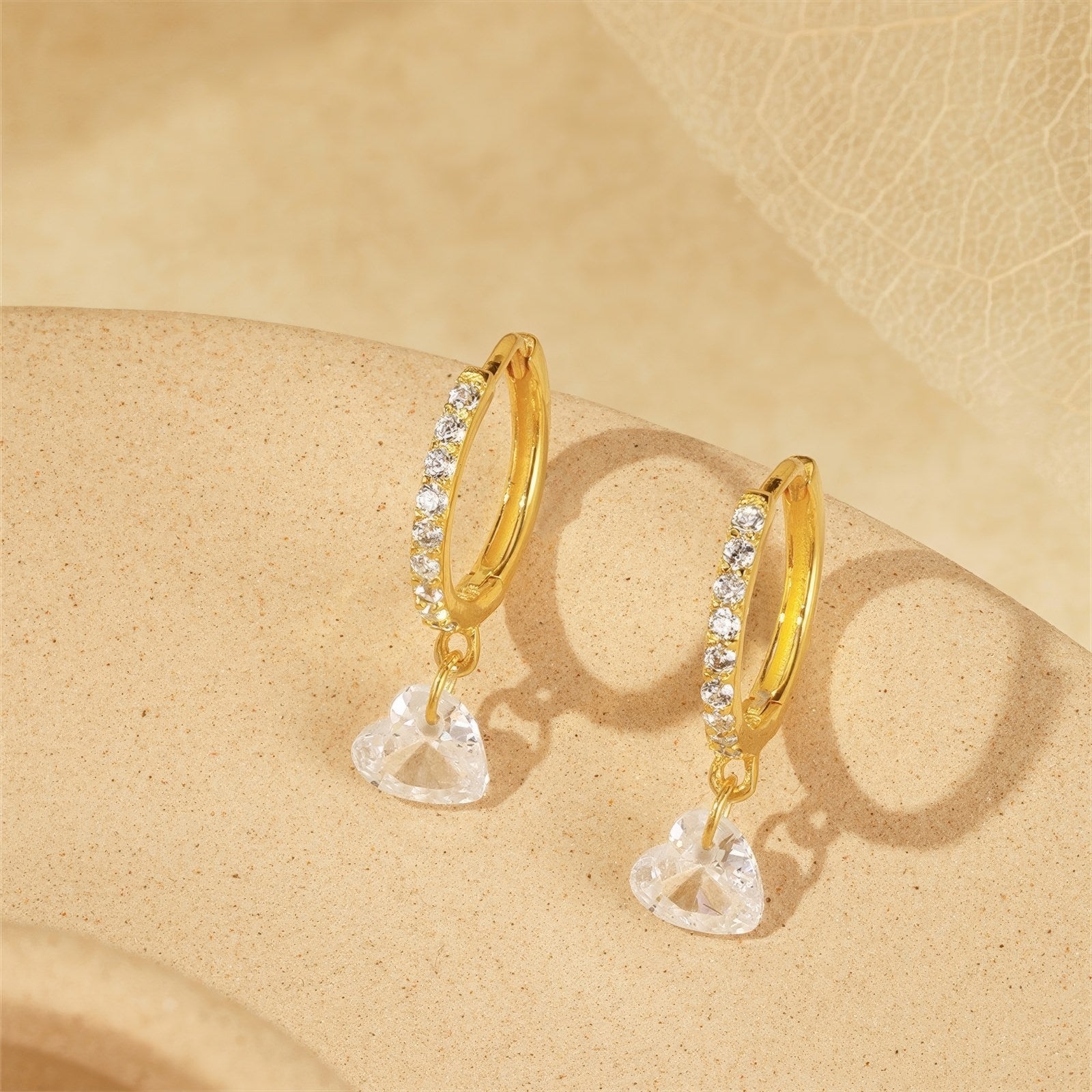 heart-cut crystal drop hoop 925 sterling silver earrings with 5A cubic zirconia accents in 18k gold plating