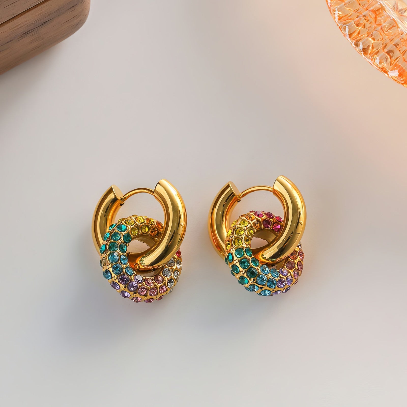 rainbow zircon stones interlock hoop aesthetic earrings