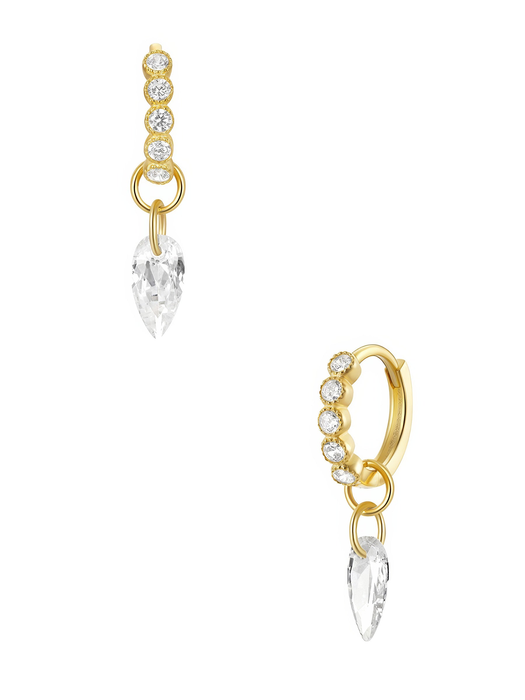 teardrop zirconia crystal pendant hoop earring adorned with small crystals in sterling silver and 18k gold plating