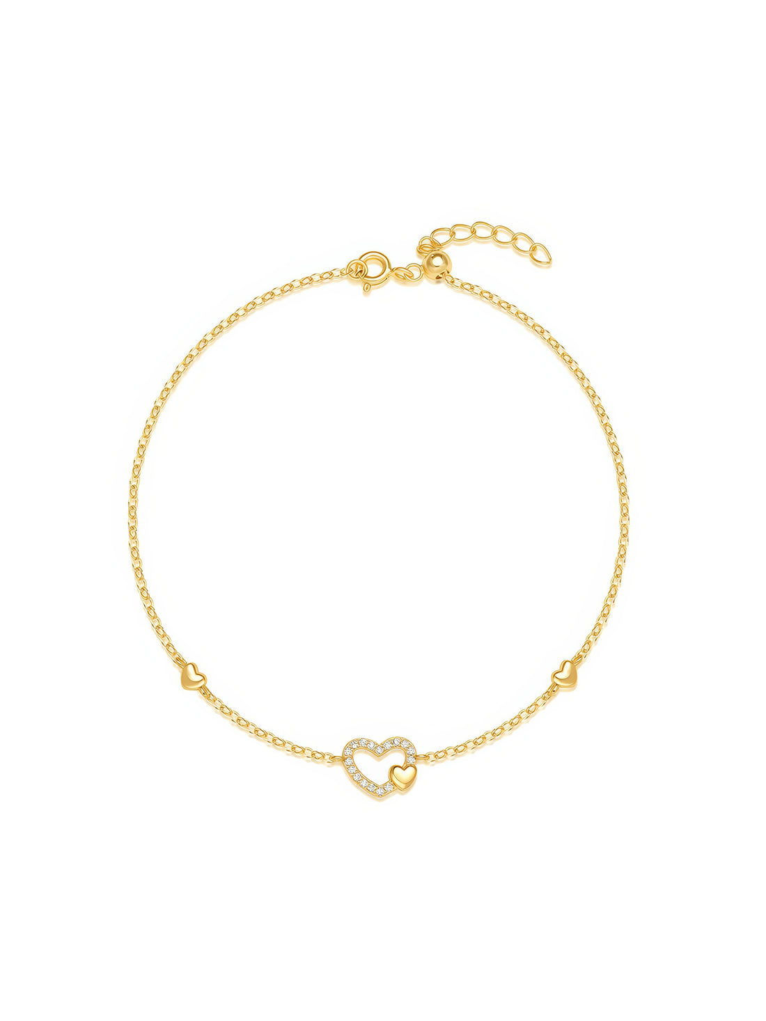 Delicate gold-plated chain bracelet featuring a central heart charm adorned with small zirconia stones, flanked by two tiny heart accents, in polished sterling silver with gold plating
