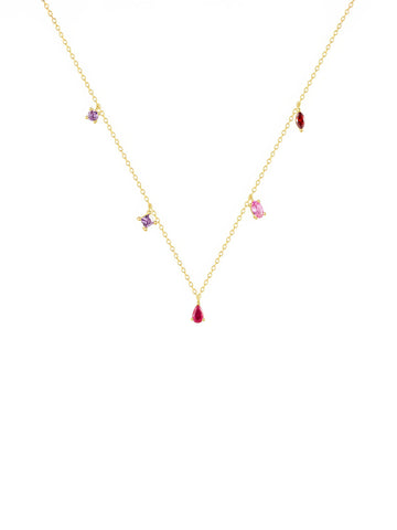 V-shape multicolor zirconia drop necklace in 925 sterling silver with 18K gold plating, adjustable chain, featuring red teardrop, pink baguette, marquise red, and purple square zirconia charms